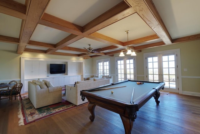 playroom with french doors, coffered ceiling, and wood finished floors