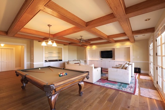 recreation room with beam ceiling, coffered ceiling, billiards, and wood finished floors