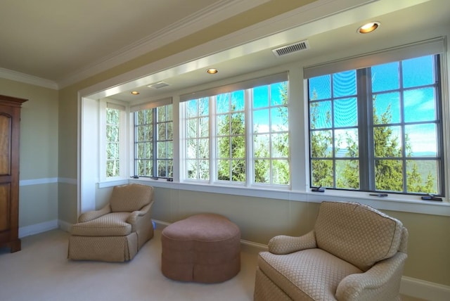 living area featuring recessed lighting, carpet floors, visible vents, baseboards, and crown molding