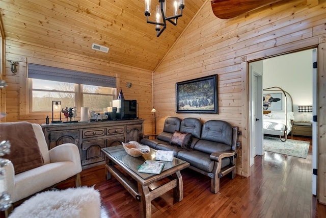 living room featuring hardwood / wood-style floors, high vaulted ceiling, wooden walls, wooden ceiling, and an inviting chandelier