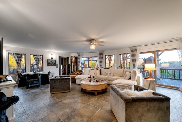 living room featuring ceiling fan