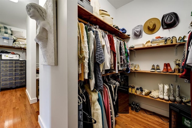 walk in closet with light hardwood / wood-style floors