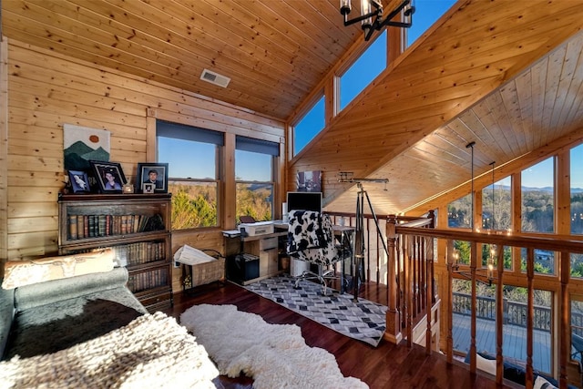 sitting room with hardwood / wood-style floors, wooden ceiling, high vaulted ceiling, and wood walls