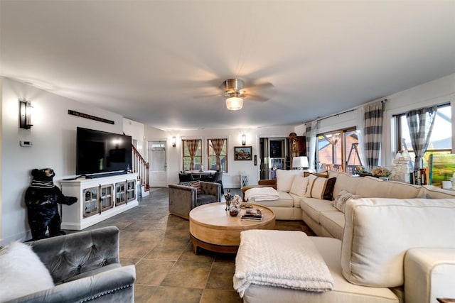 living room featuring ceiling fan