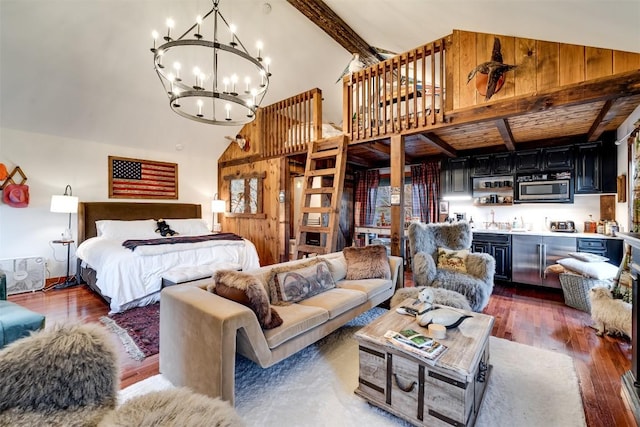 bedroom with dark hardwood / wood-style flooring, high vaulted ceiling, beamed ceiling, and bar