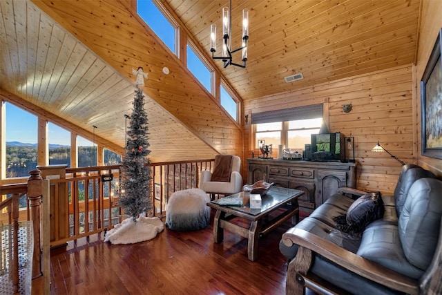 sitting room featuring hardwood / wood-style flooring, an inviting chandelier, wooden walls, high vaulted ceiling, and wooden ceiling