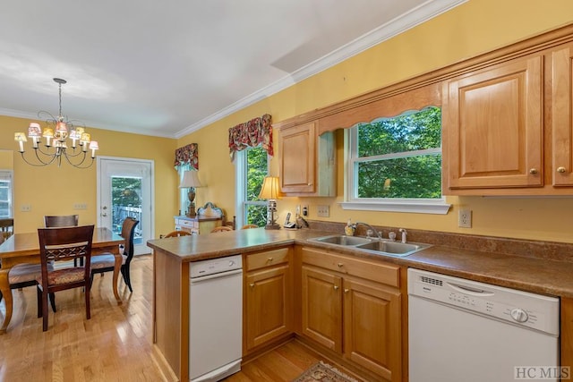 kitchen with sink, dishwasher, ornamental molding, light hardwood / wood-style floors, and a chandelier