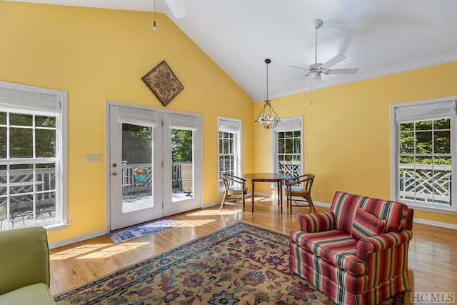 interior space featuring ceiling fan, high vaulted ceiling, and light hardwood / wood-style floors