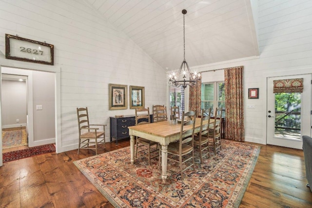 dining space featuring dark wood-style flooring, high vaulted ceiling, a chandelier, and wood walls
