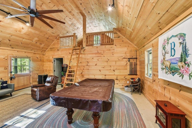 game room featuring wooden ceiling, lofted ceiling, pool table, wooden walls, and ceiling fan