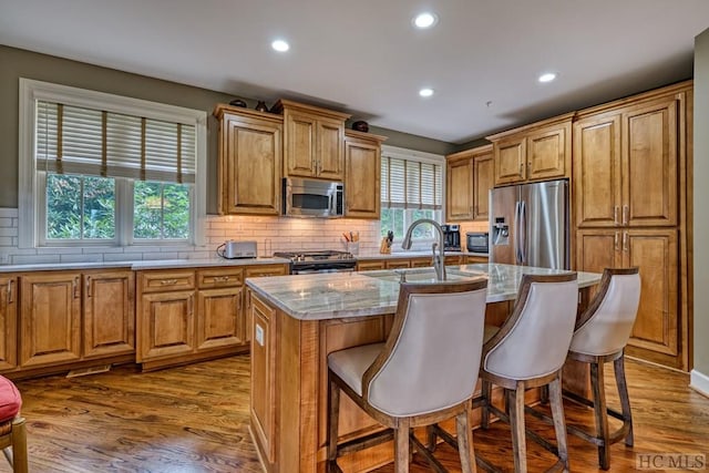 kitchen featuring wood-type flooring, appliances with stainless steel finishes, a healthy amount of sunlight, and a center island with sink