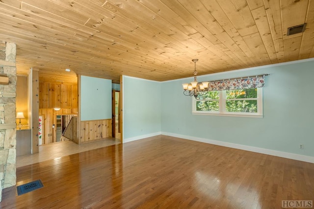 unfurnished room featuring wooden ceiling, visible vents, a chandelier, and wood finished floors