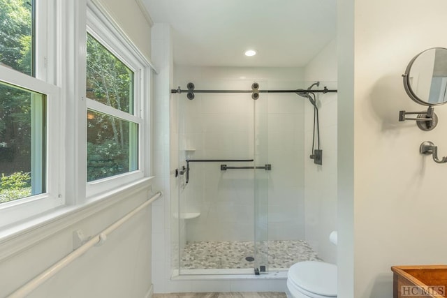 bathroom with toilet, a stall shower, and a wealth of natural light