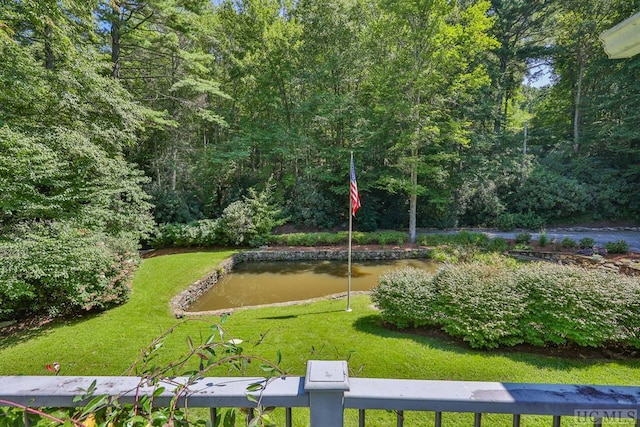 surrounding community featuring a water view and a lawn