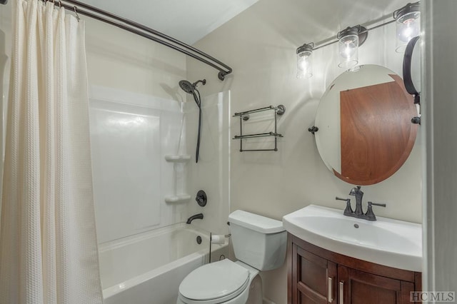 full bathroom with toilet, shower / bath combination with curtain, and vanity