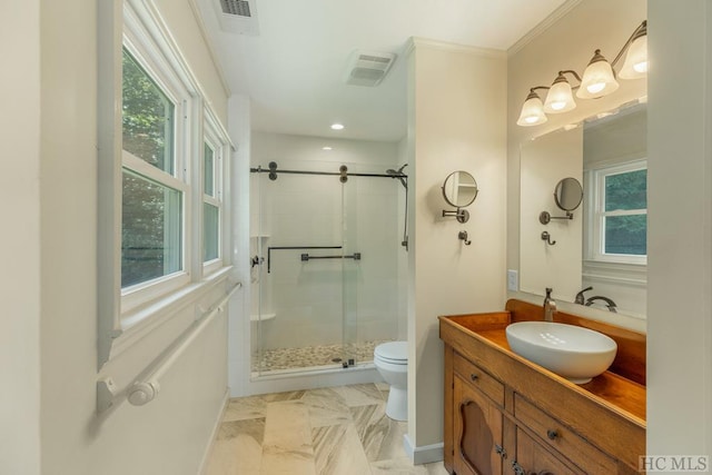 bathroom featuring toilet, a stall shower, visible vents, and vanity