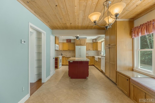 kitchen with wooden ceiling, white appliances, a kitchen island, and decorative light fixtures