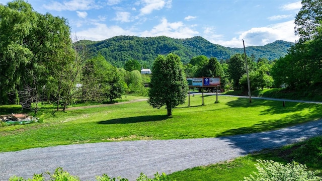 view of home's community featuring a mountain view and a lawn