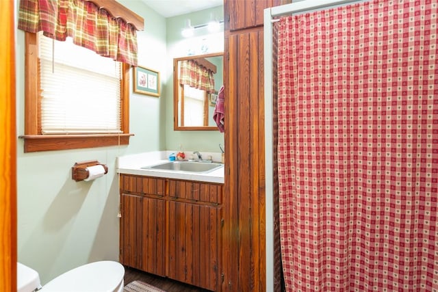 full bathroom featuring toilet, vanity, and a shower with curtain