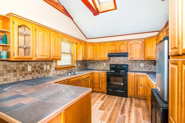 kitchen with black / electric stove, lofted ceiling, under cabinet range hood, a sink, and a peninsula