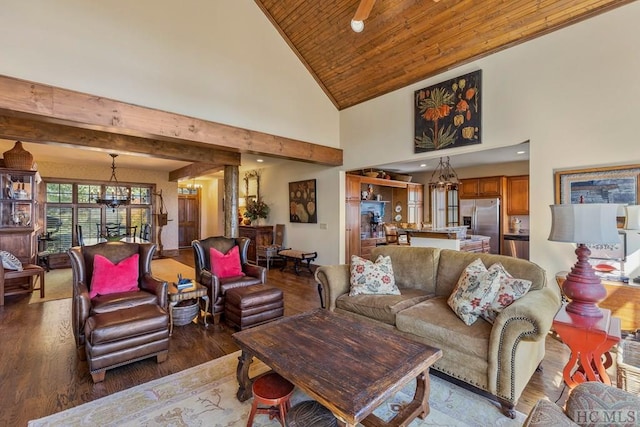 living room with high vaulted ceiling, dark hardwood / wood-style floors, wood ceiling, and an inviting chandelier