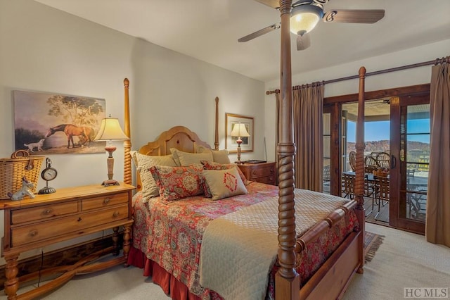 carpeted bedroom featuring access to outside and ceiling fan