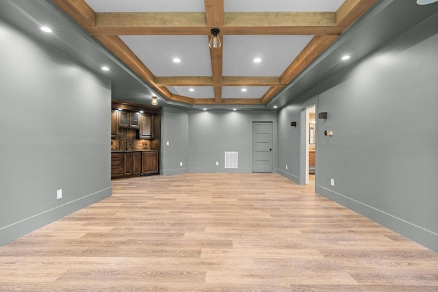 248 Drystack Way, Cashiers, NC 28717 - empty room featuring coffered ceiling, light wood-style flooring, beam ceiling, recessed lighting, and baseboards