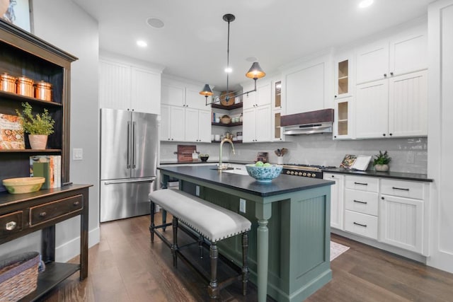 248 Drystack Way, Cashiers, NC 28717 - kitchen featuring high end refrigerator, open shelves, extractor fan, dark countertops, and recessed lighting