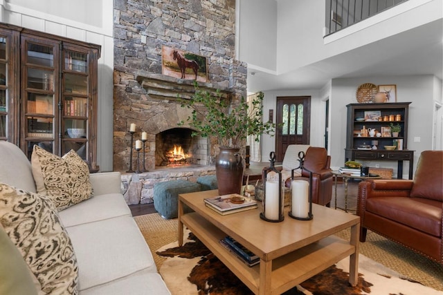 248 Drystack Way, Cashiers, NC 28717 - living room featuring a fireplace and a towering ceiling