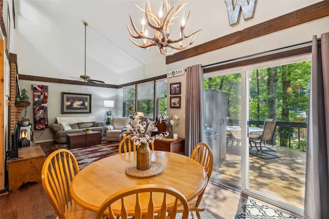 38 Lonely Mountain Dr Unit 24-A, Sapphire, NC 28774 - dining room featuring wood finished floors, plenty of natural light, a chandelier, high vaulted ceiling, and a ceiling fan