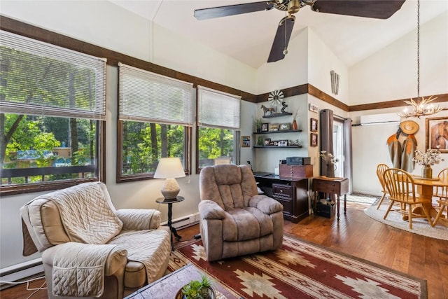 38 Lonely Mountain Dr Unit 24-A, Sapphire, NC 28774 - living room with baseboard heating, a chandelier, hardwood / wood-style floors, ceiling fan, and vaulted ceiling