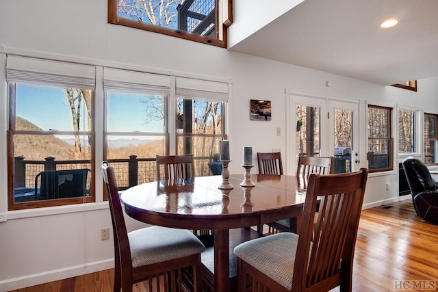 dining room with a healthy amount of sunlight, wood-type flooring, and a mountain view