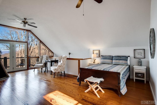 bedroom with ceiling fan, access to exterior, hardwood / wood-style flooring, and lofted ceiling