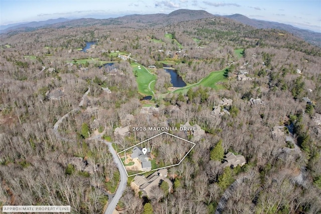 aerial view with a forest view and a water and mountain view
