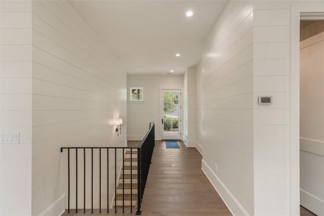 2608 Magnolia Dr, Highlands, NC 28741 - hall with dark wood finished floors, recessed lighting, and an upstairs landing