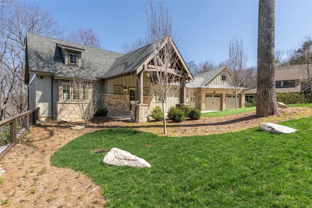 view of front of property with a shingled roof, board and batten siding, and a front lawn