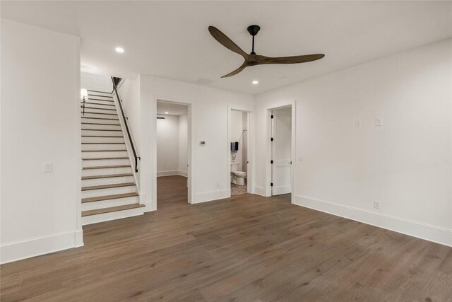 2608 Magnolia Dr, Highlands, NC 28741 - unfurnished living room with a ceiling fan, stairway, wood finished floors, and recessed lighting