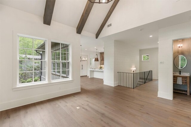 2608 Magnolia Dr, Highlands, NC 28741 - unfurnished living room with wood finished floors, beam ceiling, and high vaulted ceiling