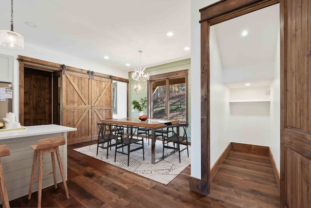1086 Roaming Rd, Glenville, NC 28736 - dining area with recessed lighting, baseboards, a barn door, and dark wood finished floors