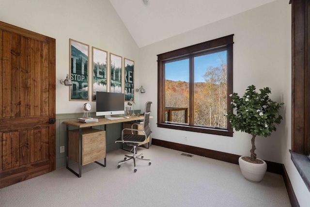 1086 Roaming Rd, Glenville, NC 28736 - office space featuring baseboards, lofted ceiling, visible vents, and carpet floors