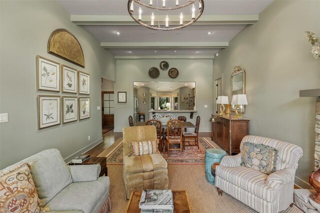 72 Winterberry Ct Unit 7, Highlands, NC 28741 - living area featuring beam ceiling, a chandelier, wood finished floors, and recessed lighting