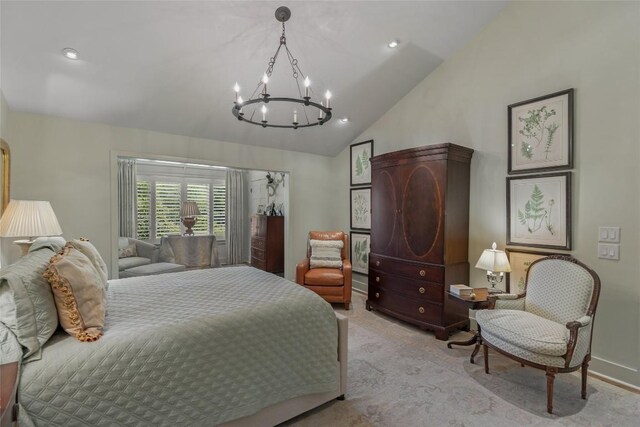 72 Winterberry Ct Unit 7, Highlands, NC 28741 - carpeted bedroom featuring a chandelier, vaulted ceiling, and recessed lighting