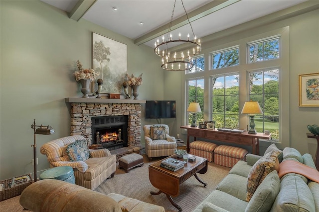 72 Winterberry Ct Unit 7, Highlands, NC 28741 - living room featuring beam ceiling, a chandelier, a stone fireplace, and a towering ceiling