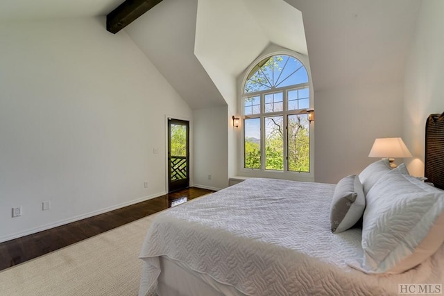 bedroom featuring beamed ceiling, dark wood-type flooring, and high vaulted ceiling