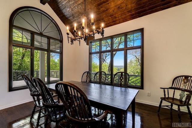 dining space with a wealth of natural light, dark wood-type flooring, lofted ceiling with beams, and a chandelier