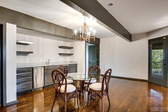 dining space featuring beamed ceiling, dark hardwood / wood-style floors, sink, and an inviting chandelier