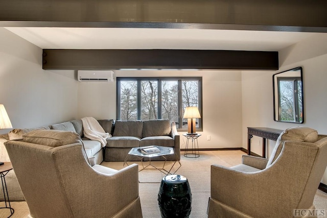 carpeted living room featuring a wall unit AC