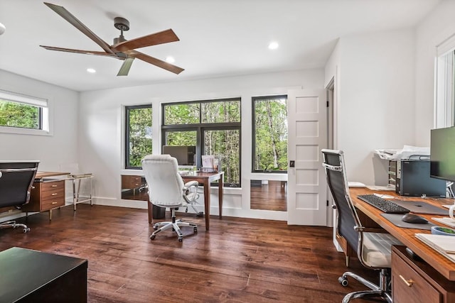 home office featuring ceiling fan, dark wood finished floors, recessed lighting, and baseboards