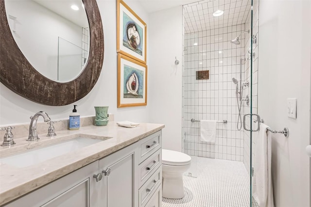 full bath featuring toilet, a shower stall, vanity, tile patterned floors, and recessed lighting