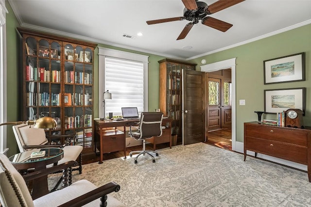 office space featuring wood finished floors, ornamental molding, a ceiling fan, and recessed lighting
